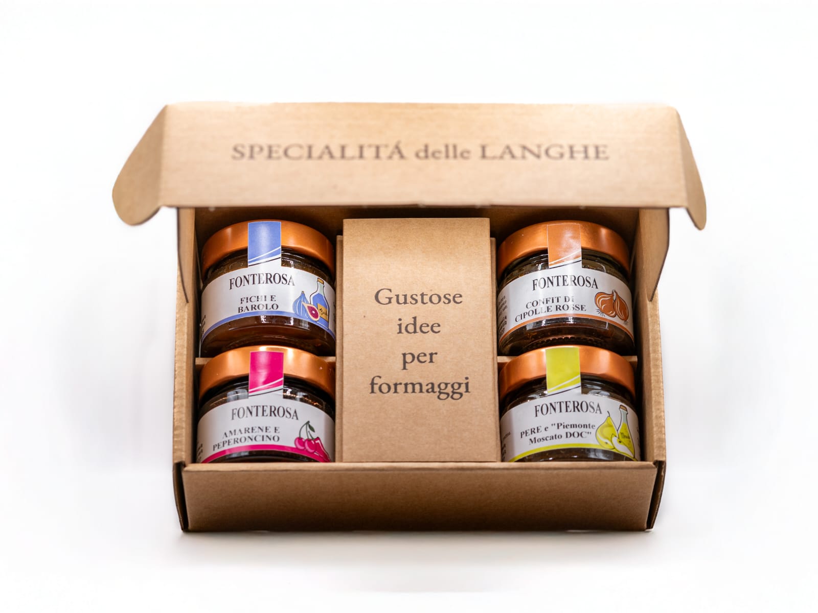 Cofanetto da 4: Confit di cipolle rosse, fichi e barolo, pere e piemonte moscato, amarene e peperoncino