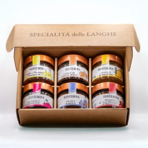 Cofanetto da 6: Pere e piemonte moscato, confit di cipolle rosse, ananas e rosmarino, amarene e peperoncino, fichi e barolo, fragole all'aceto balsamico di modena IGP