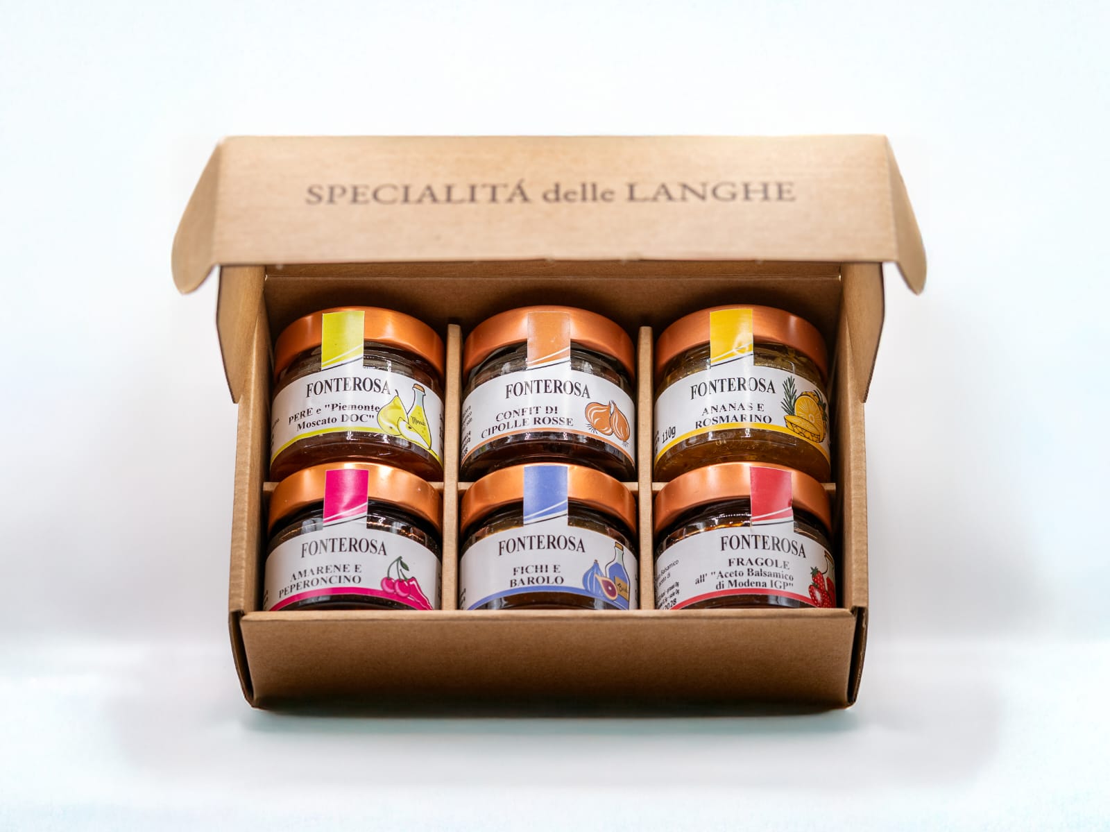 Cofanetto da 6: Pere e piemonte moscato, confit di cipolle rosse, ananas e rosmarino, amarene e peperoncino, fichi e barolo, fragole all'aceto balsamico di modena IGP